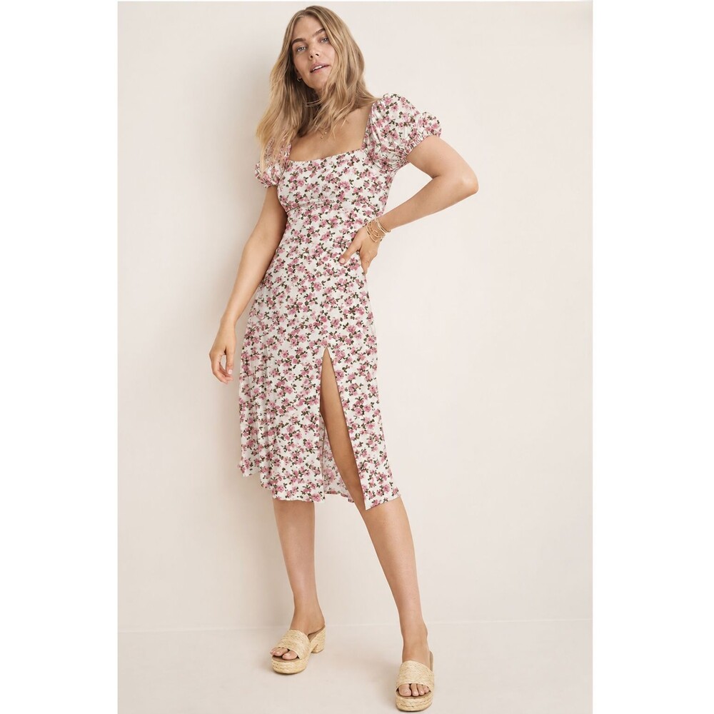 Francesca's MEDIUM Smocked Floral Puff Sleeve Midi Dress Cottagecore Ditsy Boho